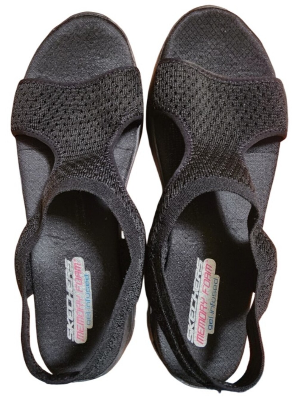 SKECHERS Women's Flex Appeal Deja Vu 2.0 Gel Infused Black Knit Sandals Sz 10